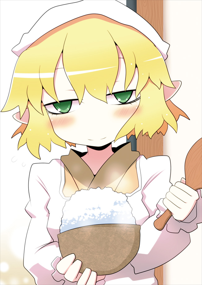 1girl 221_(tsutsuichi) alternate_costume bangs blonde_hair blush bowl brown_kimono closed_mouth commentary_request green_eyes head_scarf housewife japanese_clothes kappougi kimono looking_at_viewer mizuhashi_parsee pointy_ears rice rice_bowl rice_spoon short_hair smile solo tenugui touhou upper_body