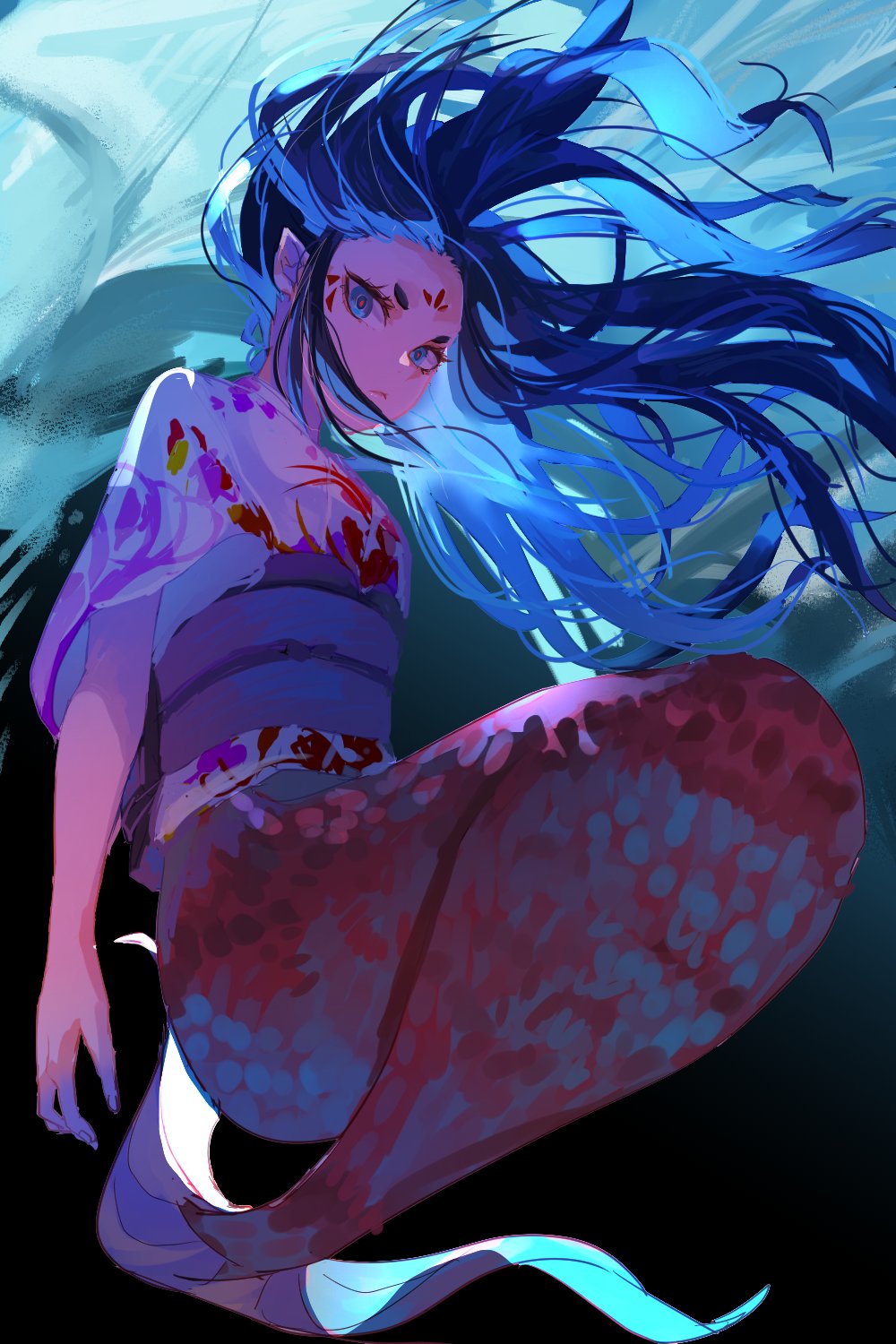 1girl blue_eyes blue_hair full_body gradient_skin highres japanese_clothes kimono long_hair looking_at_viewer mermaid monster_girl obi ocean original pointy_ears rasetsu001 sash scales short_sleeves solo underwater white_kimono