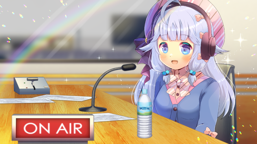 1girl :d ahoge bangs blue_eyes blue_hair blue_jacket blurry blurry_background bottle bow breasts brown_shirt chair collared_shirt commission depth_of_field diagonal-striped_bow eyebrows_visible_through_hair fangs hair_bow hat headphones jacket kou_hiyoyo long_hair medium_breasts microphone on_chair open_mouth original pink_bow pink_headwear shirt skeb_commission smile solo table upper_body water_bottle window