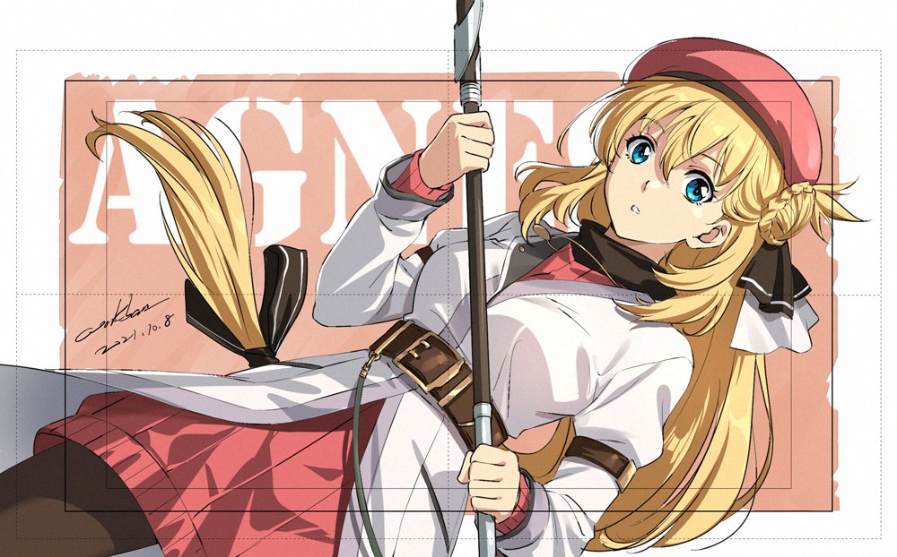 1girl agnes_claudel asymmetrical_hair belt beret black_legwear black_ribbon black_shirt blonde_hair blue_eyes braid braided_bun breasts brown_belt character_name coat commentary cowboy_shot dated dated_commentary dutch_angle eiyuu_densetsu eyebrows_visible_through_hair hair_between_eyes hair_ribbon hat holding holding_staff kuro_no_kiseki long_hair long_sleeves looking_at_viewer low-tied_long_hair medium_breasts orange_background pantyhose parted_lips red_headwear red_sweater ribbed_sweater ribbon shirt side_bun signature simple_background solo staff sweater turtleneck werkbau white_coat white_ribbon