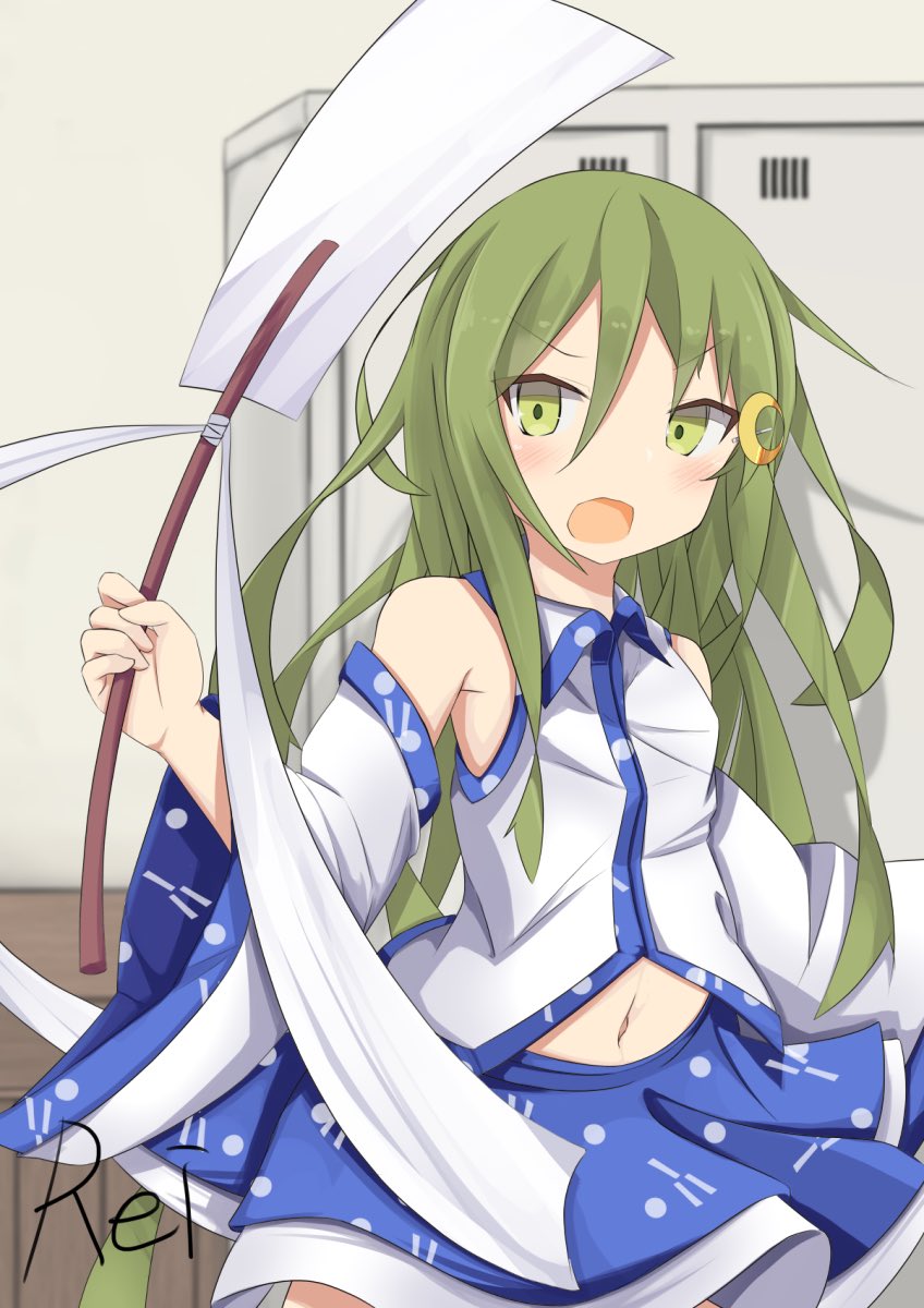 1girl blue_skirt collared_shirt commentary_request cosplay crescent crescent_hair_ornament detached_sleeves etsuransha_no_rei green_eyes green_hair hair_ornament highres kantai_collection kochiya_sanae kochiya_sanae_(cosplay) locker long_hair look-alike nagatsuki_(kancolle) open_mouth shirt skirt sleeveless sleeveless_shirt solo touhou white_shirt