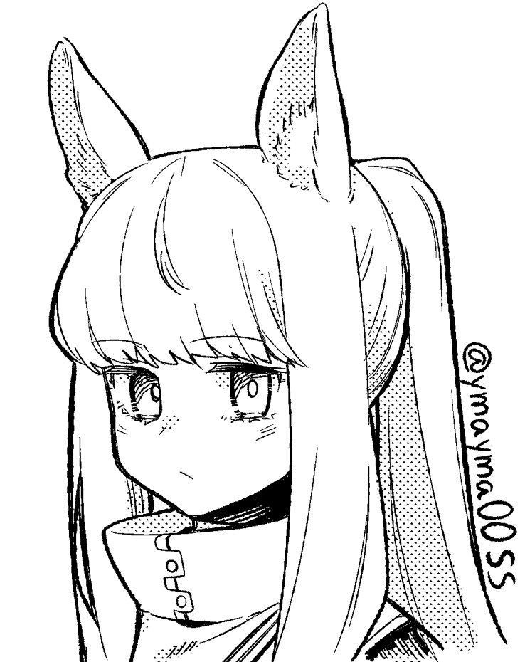 1girl animal_ears arknights commentary_request expressionless eyebrows_visible_through_hair greyscale halftone horse_ears horse_girl light_blush long_hair looking_at_viewer monochrome platinum_(arknights) ponytail portrait sidelocks simple_background sketch solo twitter_username white_background yom