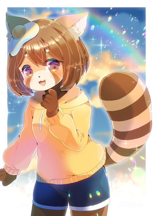 1girl :d animal_ear_fluff animal_ears blue_shorts blurry blurry_background breasts brown_eyes brown_hair commission depth_of_field eyebrows_visible_through_hair food food_on_head fried_egg furry hood hood_down hoodie kou_hiyoyo lens_flare long_sleeves looking_at_viewer object_on_head open_mouth original puffy_long_sleeves puffy_sleeves raccoon_ears raccoon_girl raccoon_tail short_eyebrows short_shorts shorts skeb_commission small_breasts smile solo striped_tail tail thick_eyebrows yellow_hoodie
