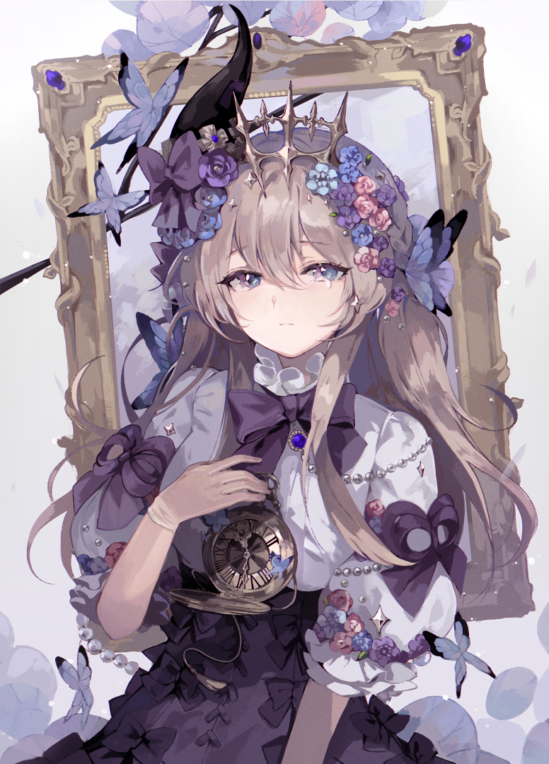 1girl arm_up blue_flower blue_rose bow brown_hair bug butterfly chain clock crying crying_with_eyes_open flower framed_image frilled_shirt_collar frills gem green_flower hair_between_eyes hair_bow hair_flower hair_ornament hair_over_shoulder hand_on_own_chest lolita_fashion multicolored multicolored_eyes original pink_flower pla4neta puffy_short_sleeves puffy_sleeves purple_bow purple_butterfly purple_flower purple_rose purple_theme rose short_sleeves sidelocks solo straight_hair tears tiara
