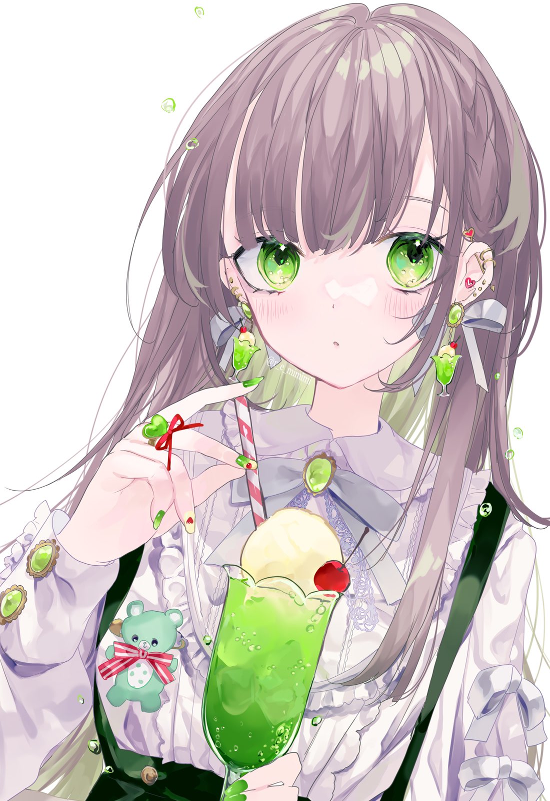 1girl bangs bow bowtie braid brown_hair cherry ear_piercing earrings food frilled_shirt frilled_shirt_collar frills fruit green_eyes highres ice_cream ice_cream_float jewelry long_hair long_sleeves multicolored_hair nail_polish original piercing puffy_long_sleeves puffy_sleeves remimim ribbon ring shirt simple_background skirt sleeve_cuffs solo suspender_skirt suspenders two-tone_hair white_background white_ribbon white_shirt