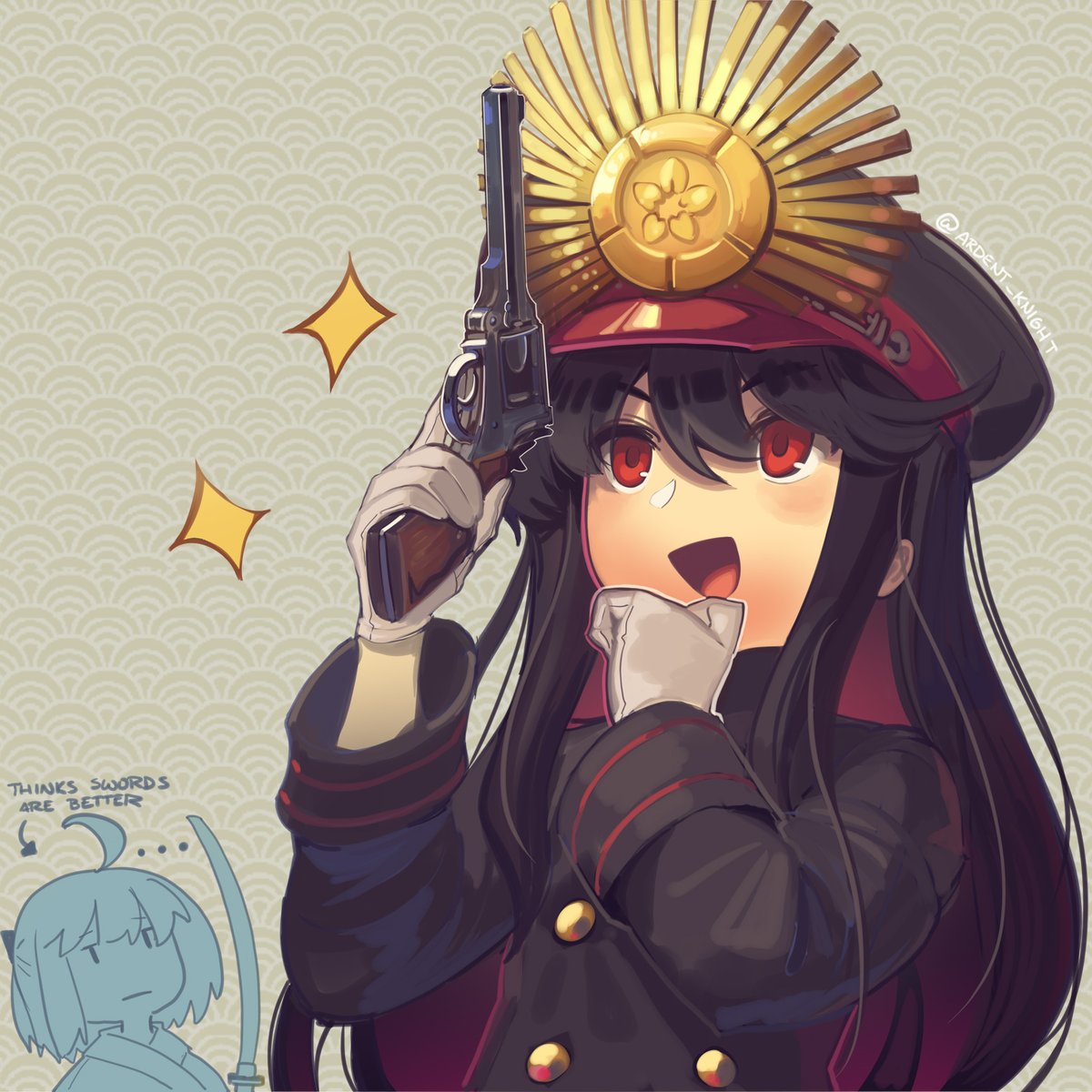 ... 2girls :d bangs black_hair boa_(brianoa) buttons commentary english_commentary english_text fate/grand_order fate_(series) gloves gun hair_between_eyes hand_on_own_chin hands_up hat highres holding holding_gun holding_weapon jitome katana koha-ace long_hair long_sleeves multiple_girls oda_nobunaga_(fate) oda_nobunaga_(koha/ace) oda_uri okita_souji_(fate) okita_souji_(koha/ace) open_mouth peaked_cap red_eyes seigaiha sidelocks sleeve_cuffs smile sparkle sword trigger_discipline twitter_username v-shaped_eyebrows watermark weapon weapon_request white_gloves