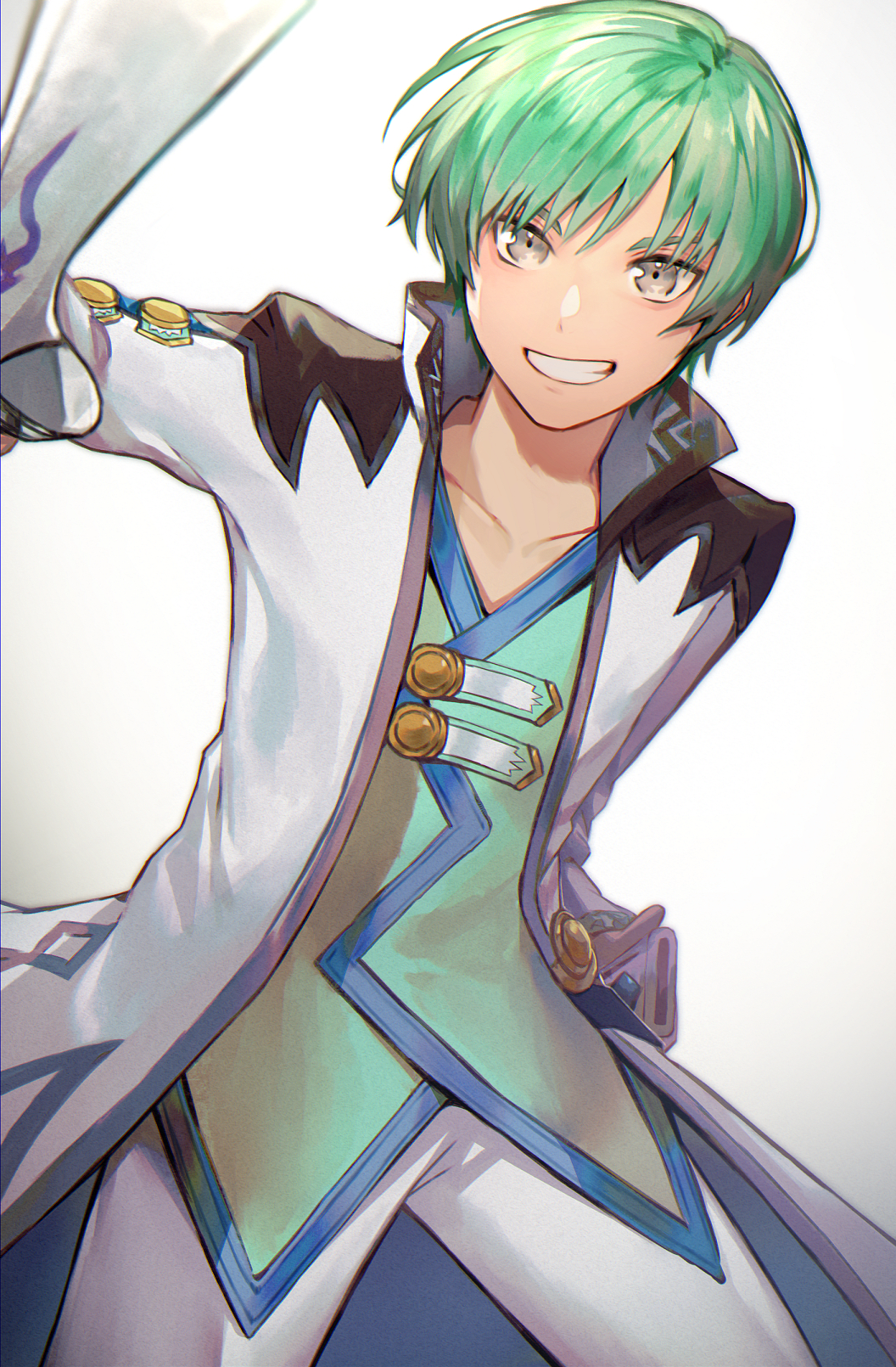 1boy belt coat collarbone commentary_request green_hair grey_eyes highres holding holding_sword holding_weapon male_focus pants penguu_(green528) sheath shirt smile solo spada_belforma standing sword tales_of_(series) tales_of_innocence unsheathed weapon