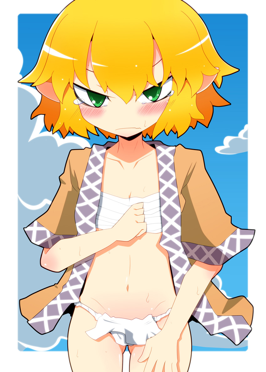 1girl 221_(tsutsuichi) bangs blonde_hair blue_sky blush breasts brown_jacket closed_mouth clouds commentary_request cowboy_shot fundoshi green_eyes hair_between_eyes jacket japanese_clothes looking_at_viewer mizuhashi_parsee multicolored multicolored_clothes multicolored_jacket navel open_clothes open_jacket pointy_ears sarashi short_hair short_sleeves sky small_breasts solo tearing_up touhou