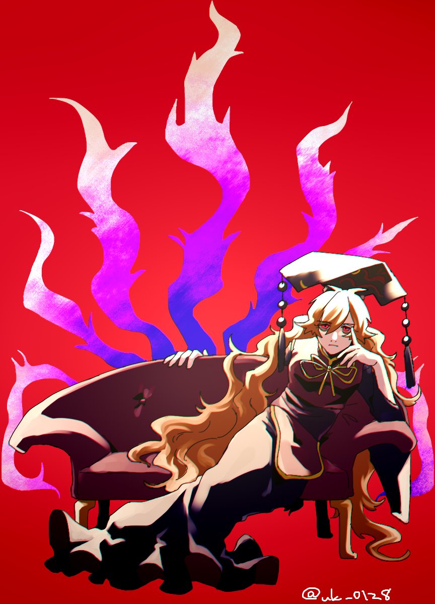 1girl :| aura chinese_clothes closed_mouth commentary_request couch elbow_rest energy expressionless eyebrows_visible_through_hair eyes_visible_through_hair fox_print fox_tail hair_between_eyes hand_on_own_face junko_(touhou) long_hair long_sleeves looking_at_viewer multiple_tails one-hour_drawing_challenge orange_hair phoenix_crown raya_(uk_0128) red_background red_eyes simple_background sitting solo tabard tail tassel touhou twitter_username wide_sleeves yellow_neckwear