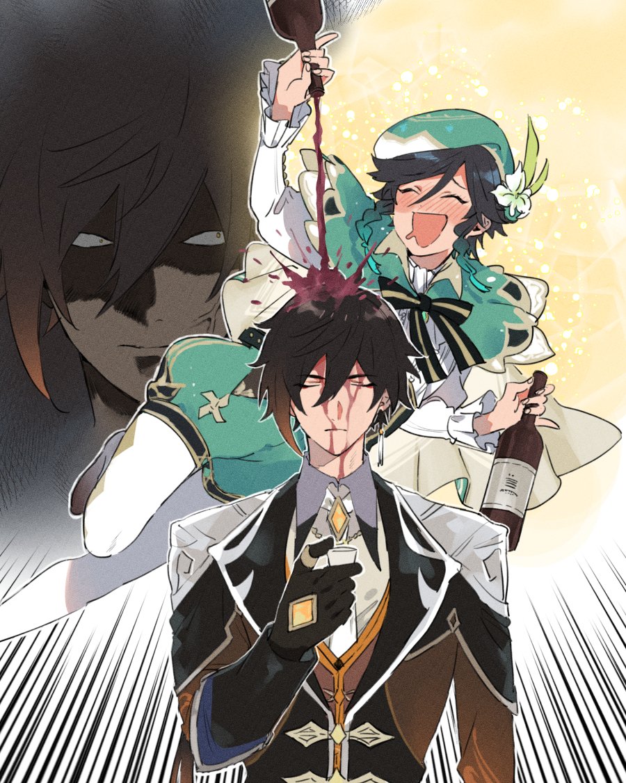 2boys alcohol anger_vein aqua_hair bangs black_gloves black_hair blush bottle bow bowtie braid brown_hair cape closed_eyes commentary_request cup drunk earrings flower genshin_impact gloves gradient_hair green_headwear hair_between_eyes hat holding holding_bottle holding_cup jacket jewelry long_hair long_sleeves male_focus mouth_drool multicolored_hair multiple_boys multiple_views nakayama_miyuki nose_blush open_mouth pinky_out ponytail pouring shaded_face side_braids single_earring tassel tassel_earrings venti_(genshin_impact) white_flower wine wine_bottle yellow_eyes zhongli_(genshin_impact)