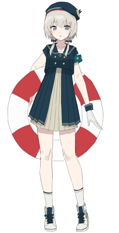 1girl armband bangs bow buttons chorefuji commentary_request eyebrows_visible_through_hair full_body grey_eyes grey_hair hair_bow hat high-waist_skirt holding_lifebuoy knees lifebuoy original pleated_skirt shirt shoes skirt socks solo standing tied_hair white_background wrist_cuffs