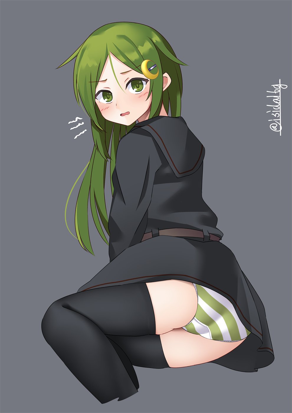 1girl black_legwear black_serafuku crescent crescent_hair_ornament crescent_pin crossed_legs green_eyes green_hair grey_background hair_ornament highres ishida_arata kantai_collection long_hair looking_at_viewer nagatsuki_(kancolle) school_uniform serafuku simple_background sitting solo striped thigh-highs twitter_username