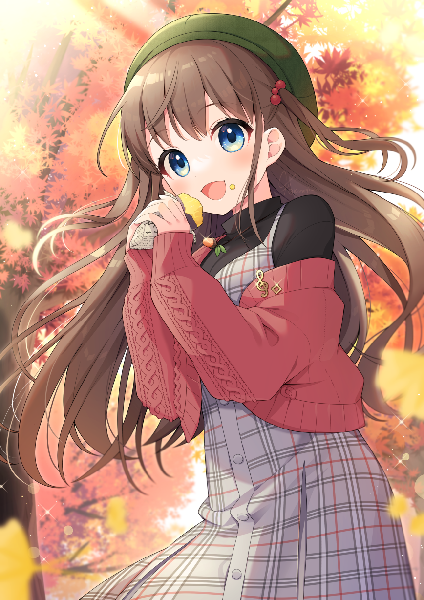 1girl :d autumn_leaves black_shirt blue_eyes blush brown_hair dot_nose dress food food_on_face glint green_headwear grey_dress hair_bobbles hair_ornament hands_up highres holding holding_food jacket jewelry konogi_nogi long_hair looking_at_viewer necklace off_shoulder open_clothes open_jacket open_mouth original outdoors red_jacket shirt sleeves_past_wrists smile solo sparkle sweater_jacket sweet_potato two_side_up yakiimo