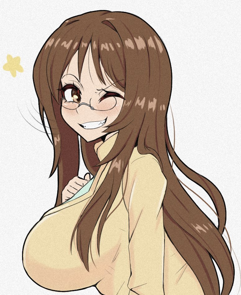 1girl breasts brown_eyes brown_hair eyebrows_visible_through_hair glasses grin k-on! large_breasts long_hair looking_at_viewer one_eye_closed parted_lips smile solo teeth upper_body yamanaka_sawako young_savage