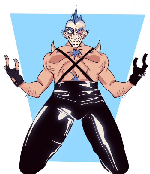 1boy 1nd1gnant abdominal_hair arm_hair black_clothes black_gloves blue_background blue_hair blue_nails chest_hair crazy_eyes crazy_smile danganronpa_v3:_killing_harmony drooling ear_piercing earrings gloves leather leather_pants mohawk monokid monokubs multicolored_eyes muscular nail_polish nipples sharp_teeth simple_background smile solo