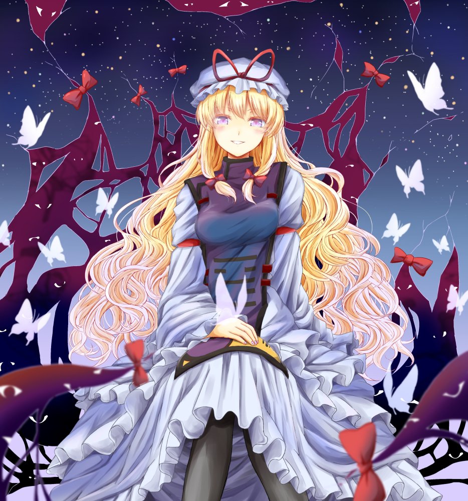 1girl arm_garter bangs black_legwear blonde_hair blush bow breasts bug butterfly commentary_request crack dress eyebrows_visible_through_hair flame_print frilled_dress frills gap_(touhou) hair_bow hand_on_own_thigh hat hat_ribbon high_collar invisible_chair large_breasts light_particles long_hair long_sleeves looking_at_viewer mob_cap night night_sky red_bow ribbon sitting sky smile solo tabard tamasan touhou violet_eyes wide_sleeves yakumo_yukari yin_yang yin_yang_print