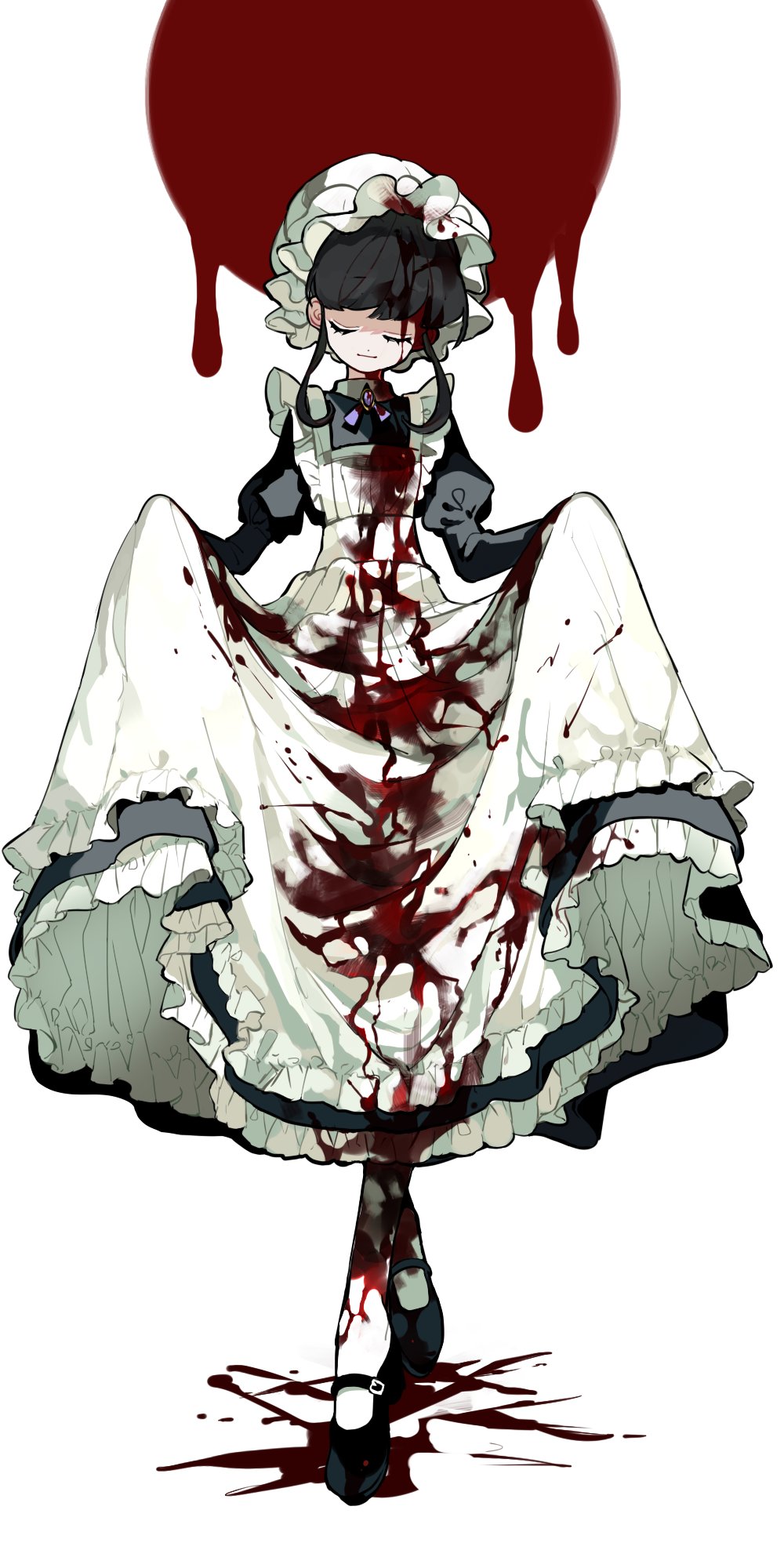 1girl apron bangs black_dress black_footwear black_hair blood blood_in_hair blood_on_clothes blood_on_face blood_on_shoes blood_splatter bloody_apron closed_eyes closed_mouth clothes_grab dress dress_grab frilled_apron frilled_dress frilled_hat frills full_body hareru hat highres juliet_sleeves long_sleeves maid mary_janes moon original pillow_hat puffy_sleeves red_moon shoes sidelocks sleeve_cuffs smile solo victorian_maid white_apron white_headwear white_legwear
