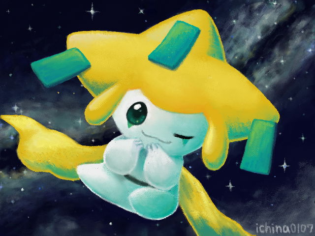 artist_name closed_mouth commentary_request green_eyes hands_up ichina0107 jirachi looking_at_viewer no_humans one_eye_closed pokemon pokemon_(creature) smile solo space star_(sky)