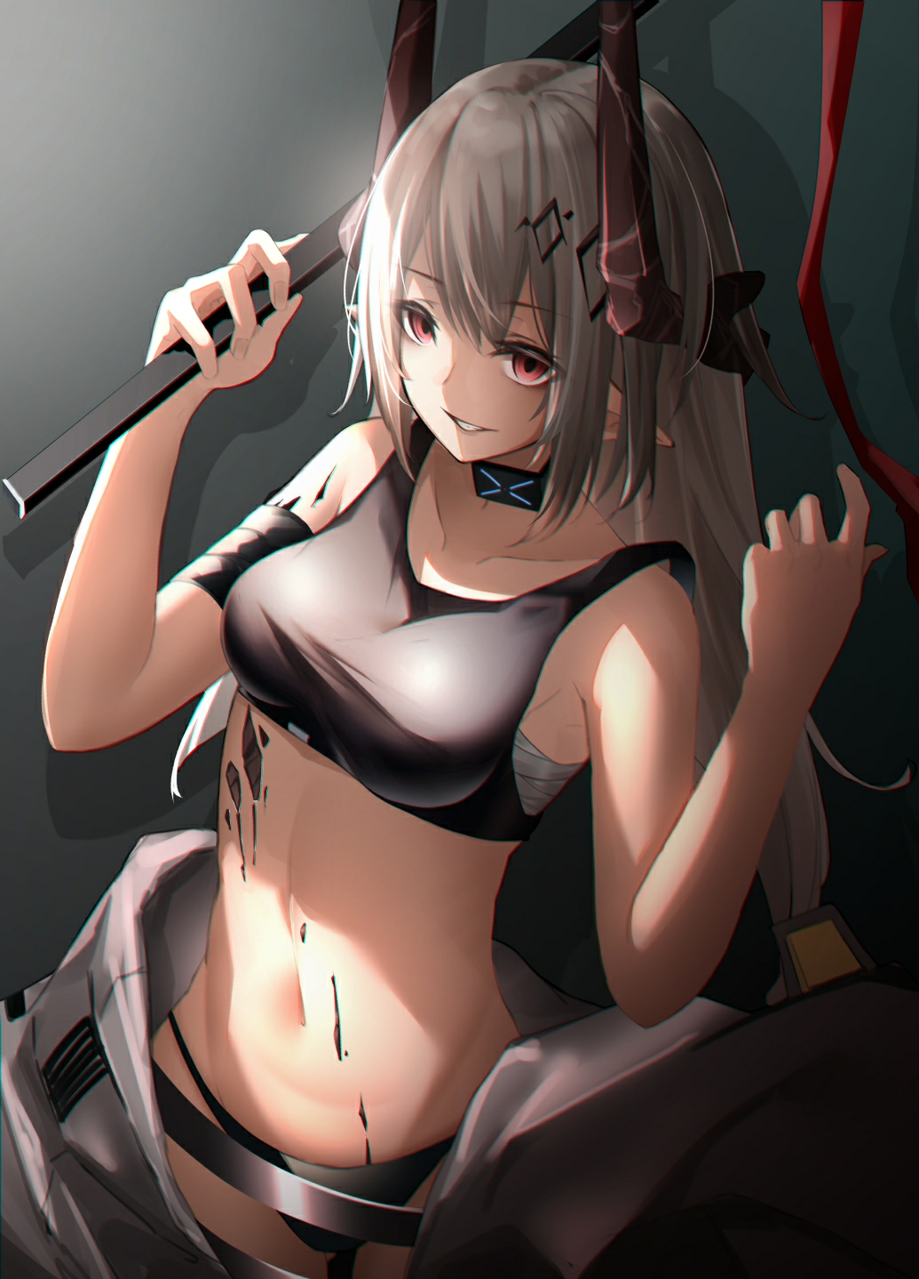 1girl arknights ass_visible_through_thighs bangs bare_arms bare_shoulders bikini black_bikini collar collarbone commentary_request cowboy_shot empty_eyes eyebrows_visible_through_hair highres holding holding_weapon horns infection_monitor_(arknights) kureneko long_hair mudrock_(arknights) navel open_clothes oripathy_lesion_(arknights) parted_lips pointy_ears red_eyes sarashi silver_hair smile solo stomach swimsuit very_long_hair weapon yandere