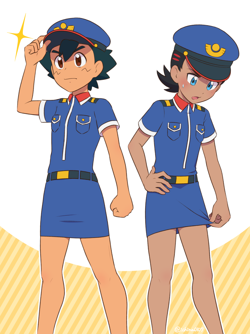 2boys ash_ketchum bangs belt belt_buckle black_hair blue_eyes blue_headwear blue_shirt blue_skirt blush breast_pocket brown_eyes buckle clenched_hand closed_mouth collared_shirt commentary_request crossdressing goh_(pokemon) green_hair hand_on_headwear hat highres ichina0107 male_focus multiple_boys open_mouth pocket pokemon pokemon_(anime) pokemon_swsh_(anime) police police_uniform shirt short_hair short_sleeves skirt skirt_tug sweatdrop tongue uniform