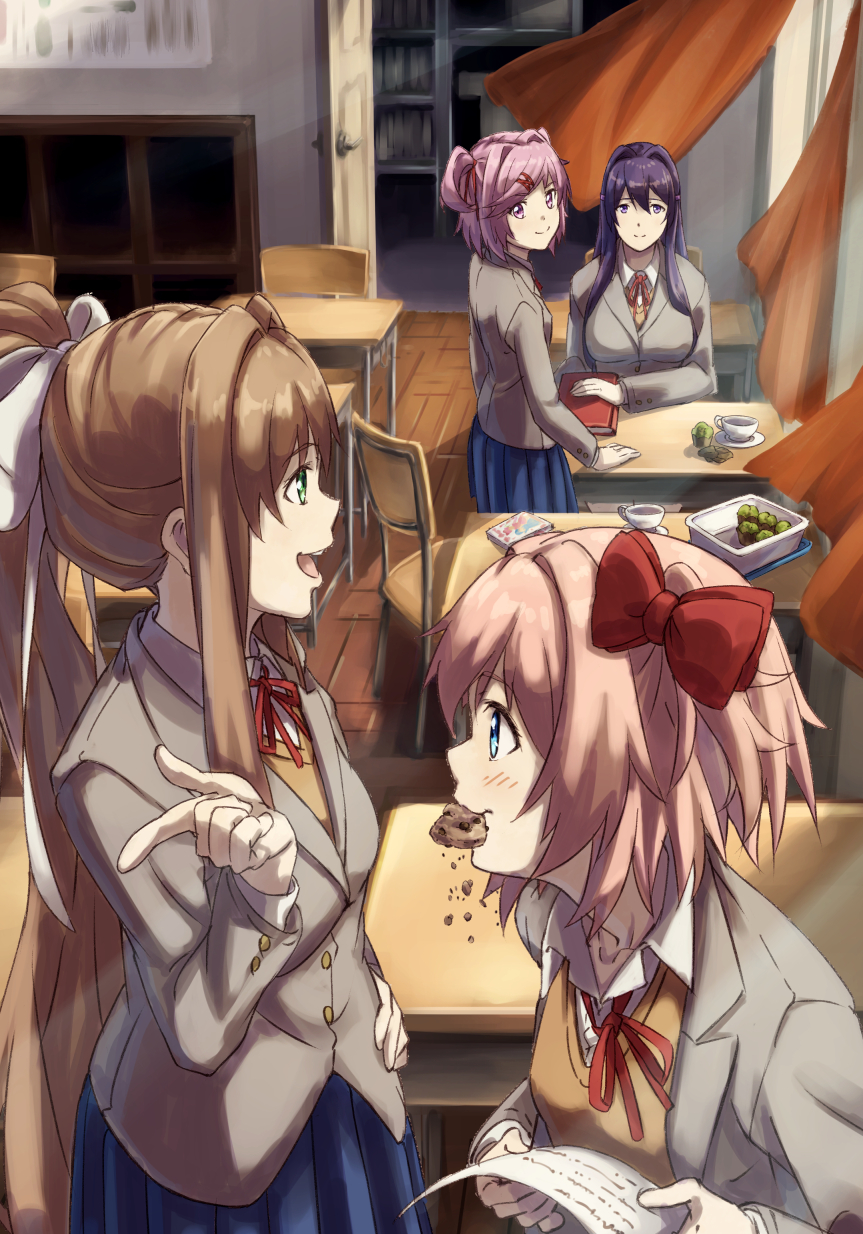 4girls anniversary bangs blazer bow brown_hair brown_jacket collared_shirt copyright_name doki_doki_literature_club eyebrows_visible_through_hair geppei grass hair_bow hair_intakes highres jacket lying monika_(doki_doki_literature_club) multiple_girls natsuki_(doki_doki_literature_club) on_back open_mouth orange_vest pink_hair ponytail purple_hair red_bow sayori_(doki_doki_literature_club) school_uniform shirt short_hair smile vest wara_℃ white_shirt yuri_(doki_doki_literature_club)