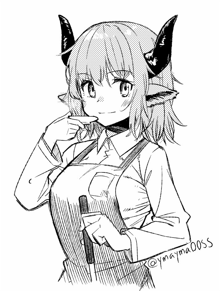 1girl animal_ears apron arknights collared_shirt commentary_request cow_ears cow_girl cow_horns cup eyebrows_visible_through_hair greyscale halftone hatching holding holding_cup horns ladle light_blush long_sleeves looking_at_viewer monochrome shirt short_hair sideroca_(arknights) simple_background sketch smile solo upper_body white_background yom