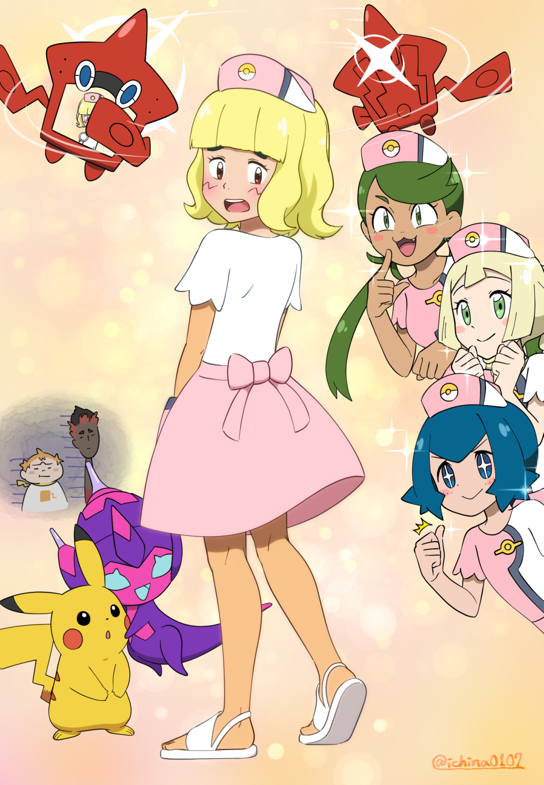 +_+ 3boys 3girls ^^^ ash_ketchum bangs blonde_hair blue_eyes blue_hair blush brown_eyes closed_mouth commentary_request cosplay eyelashes fang green_eyes green_hair hands_up hat highres ichina0107 joy_(pokemon) joy_(pokemon)_(cosplay) kiawe_(pokemon) kneepits lana_(pokemon) lillie_(pokemon) long_hair mallow_(pokemon) multiple_boys multiple_girls nurse_cap open_mouth pikachu pink_headwear pink_skirt poipole pokemon pokemon_(anime) pokemon_(creature) pokemon_sm_(anime) rotom rotom_dex sandals shirt short_hair short_sleeves skirt smile sophocles_(pokemon) sparkle standing swept_bangs taking_picture teeth thumbs_up tongue twintails twitter_username ultra_beast upper_teeth white_footwear white_shirt wig