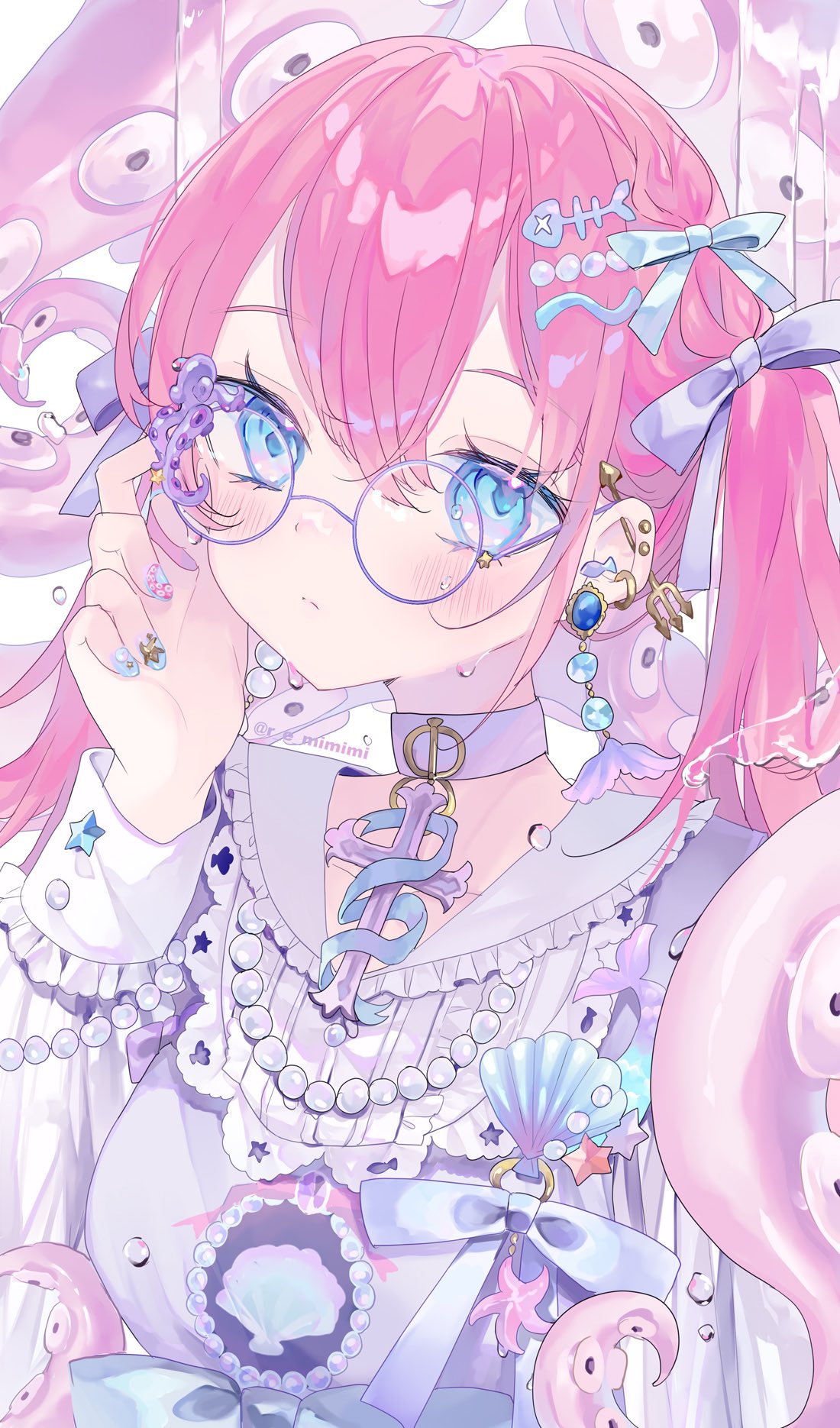 1girl adjusting_eyewear bangs blue_eyes blue_ribbon blush bow choker cross ear_piercing earrings fish_hair_ornament frilled_shirt_collar frills glasses hair_between_eyes hair_bow hair_ornament hair_ribbon hairclip highres jewelry long_hair long_sleeves nail_polish necklace original pearl_hair_ornament pearl_necklace piercing remimim ribbon sailor_collar seashell shell sleeve_cuffs solo tentacles twintails