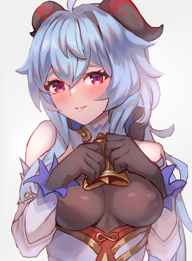 amog bangs bare_shoulders bell black_gloves blue_hair blush breasts covered_nipples detached_sleeves ganyu_(genshin_impact) genshin_impact gloves gold_trim hands_on_own_chest horns looking_at_viewer medium_breasts neck_bell red_eyes reward_available white_sleeves
