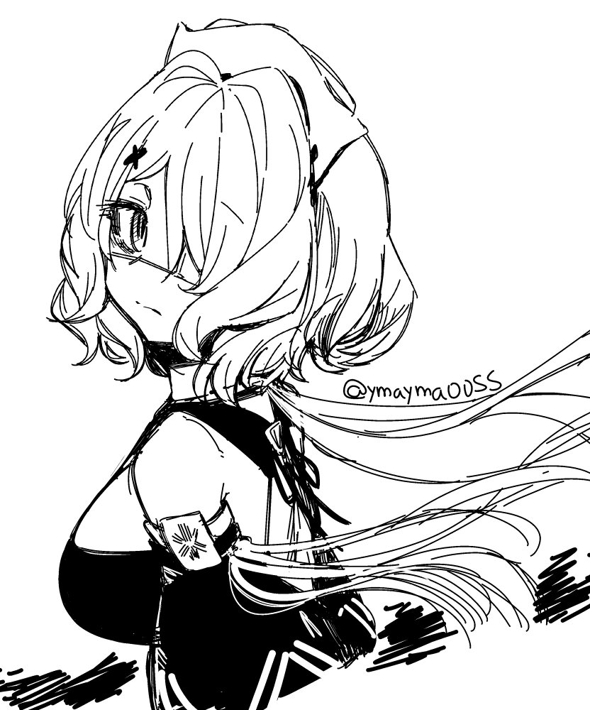 1girl arknights commentary cropped_torso eyepatch from_side greyscale hair_ornament hair_over_one_eye headdress looking_at_viewer looking_to_the_side monochrome short_hair simple_background sketch solo twitter_username upper_body whisperain_(arknights) white_background x_hair_ornament yom