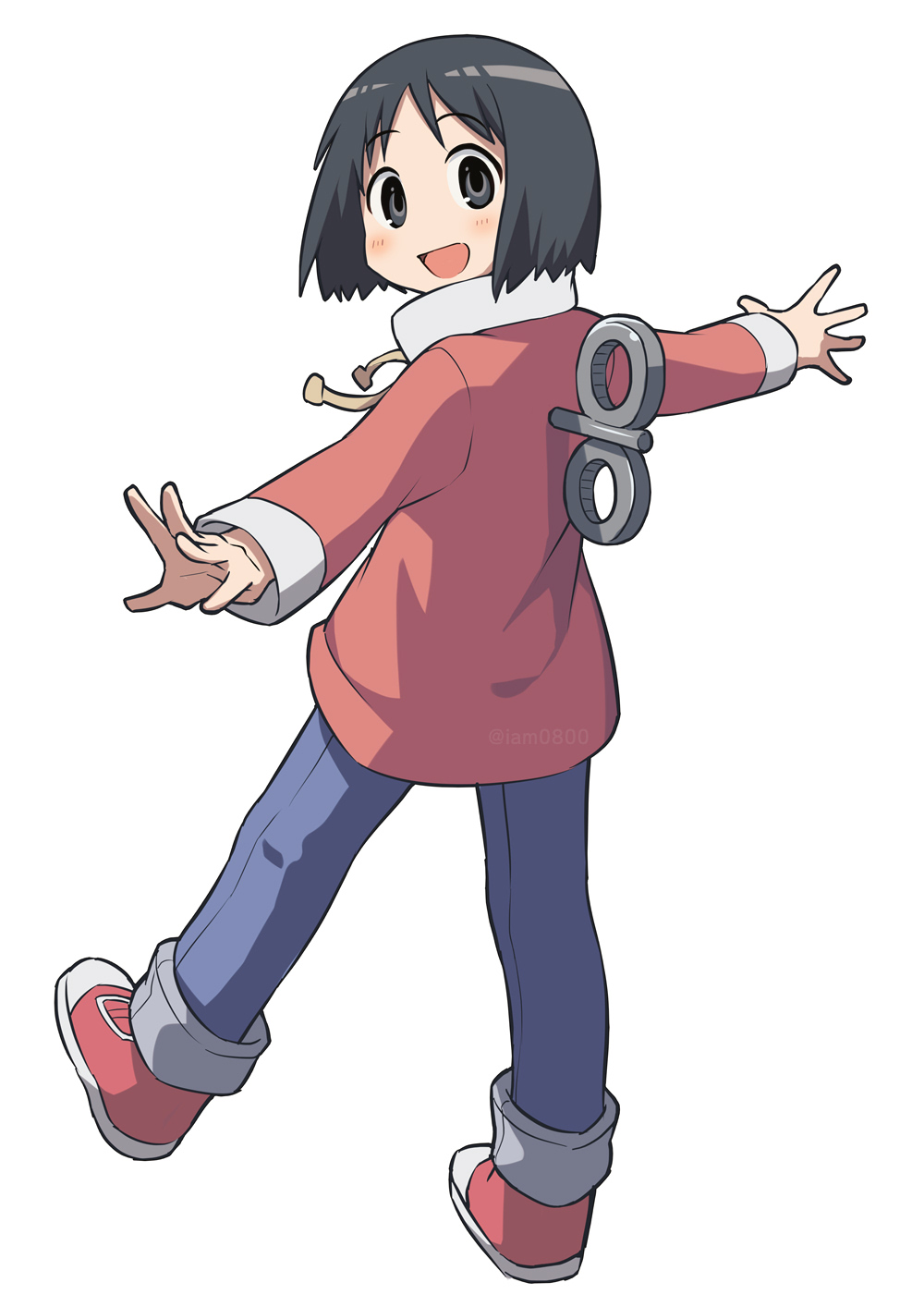 1girl :d asada_hachi bangs banned_artist black_eyes black_hair blue_pants blush commentary denim drawstring eyebrows_visible_through_hair full_body happy highres hood hood_down jeans leg_up long_sleeves looking_at_viewer looking_back nichijou open_mouth outstretched_arms pants red_footwear robot shinonome_nano shoes short_hair simple_background smile solo spread_arms standing standing_on_one_leg twitter_username watermark white_background winding_key
