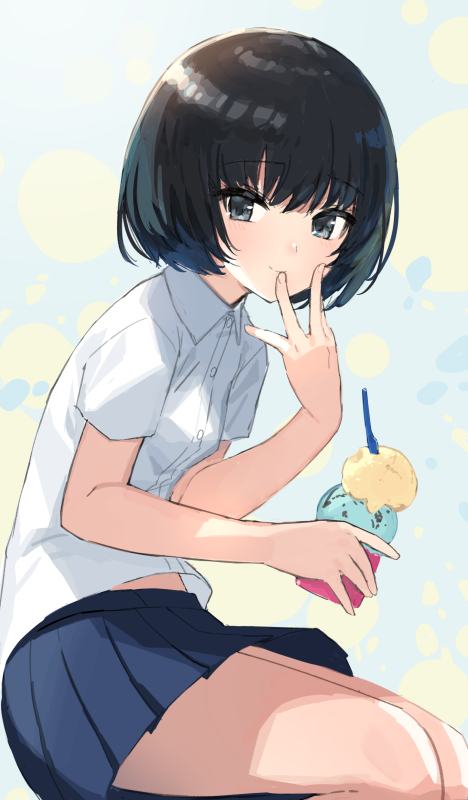 1girl bangs black_hair black_skirt blush buttons chorefuji closed_mouth commentary_request eyebrows_visible_through_hair food from_side grey_eyes holding hunched_over ice_cream original pleated_skirt shiny shiny_hair shirt short_hair short_sleeves skirt smile solo white_shirt