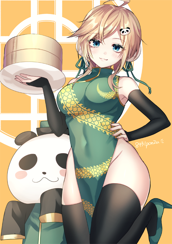 1girl ahoge armpits bamboo_steamer bare_shoulders black_legwear blonde_hair blue_eyes breasts bridal_gauntlets bun_cover china_dress chinese_clothes covered_navel dress gold_trim green_dress hair_ornament hakusai_ponzu hand_on_hip hand_up high_heels indie_virtual_youtuber large_breasts leg_up looking_at_viewer no_panties panda pelvic_curtain short_hair_with_long_locks sleeveless sleeveless_dress smile solo thigh-highs thighs virtual_youtuber