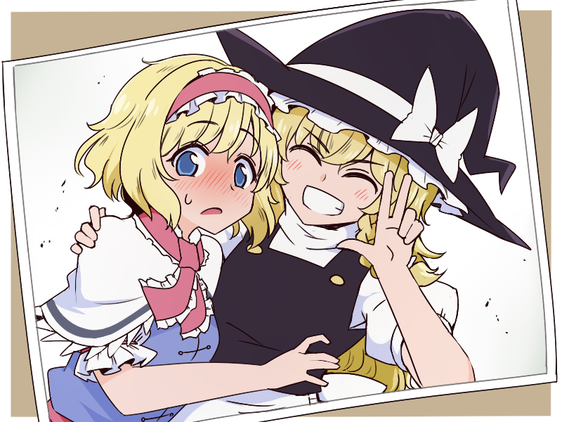 2girls \||/ ^_^ alice_margatroid apron bangs black_vest blonde_hair blue_dress blue_eyes blush bow braid capelet closed_eyes closed_mouth commentary_request dress eyebrows_visible_through_hair frilled_hairband frilled_sleeves frills grin hair_bow hairband hand_on_another's_shoulder hat hat_ribbon kirisame_marisa lolita_hairband long_hair looking_at_viewer multiple_girls open_mouth photo_(medium) puffy_short_sleeves puffy_sleeves ribbon shio_(futatsumami) shirt short_hair short_sleeves single_braid smile sweatdrop touhou upper_body v vest white_apron white_bow white_capelet white_ribbon white_shirt witch_hat