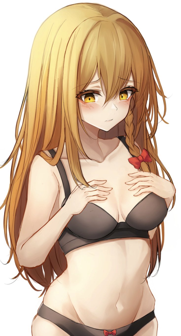 .me 1girl bangs black_bra black_panties blonde_hair blush bra braid breasts breasts_apart collarbone commentary_request cowboy_shot eyebrows_visible_through_hair hair_between_eyes hair_ribbon headwear_removed highres kirisame_marisa lingerie long_hair medium_breasts navel panties ribbon simple_background solo touhou underwear upper_body white_background yellow_eyes