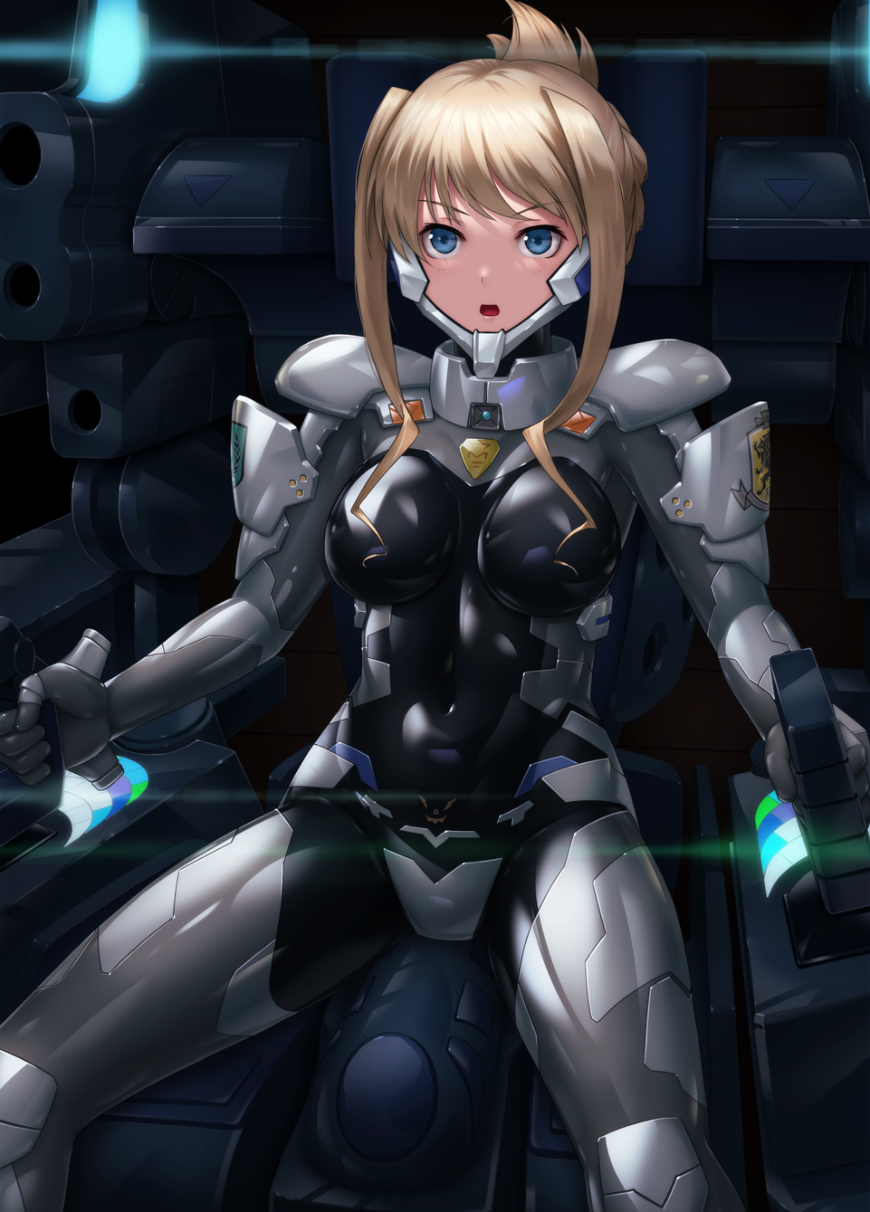 1girl armor bangs blue_eyes bodysuit breasts cockpit covered_navel crotch_plate eyebrows_visible_through_hair folded_ponytail fortified_suit highres ilfriede_von_feulner kurione_(zassou) large_breasts long_hair muvluv muvluv_alternative open_mouth pilot_suit shoulder_armor sitting skin_tight solo