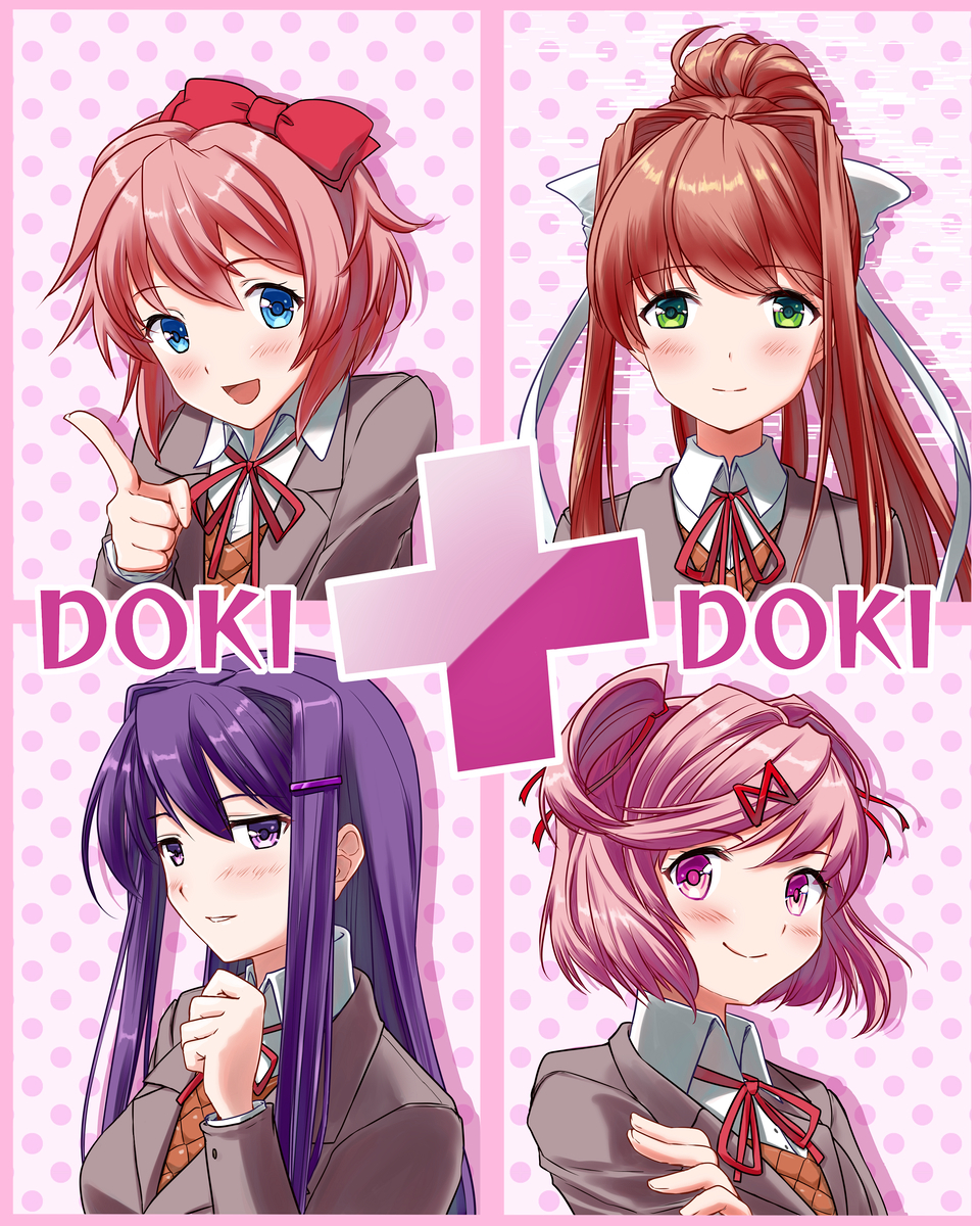 4girls anniversary bangs blazer bow brown_hair brown_jacket collared_shirt copyright_name doki_doki_literature_club eyebrows_visible_through_hair geppei grass hair_bow hair_intakes highres hosoboso jacket lying monika_(doki_doki_literature_club) multiple_girls natsuki_(doki_doki_literature_club) on_back open_mouth orange_vest pink_hair ponytail purple_hair red_bow sayori_(doki_doki_literature_club) school_uniform shirt short_hair smile vest white_shirt yuri_(doki_doki_literature_club)