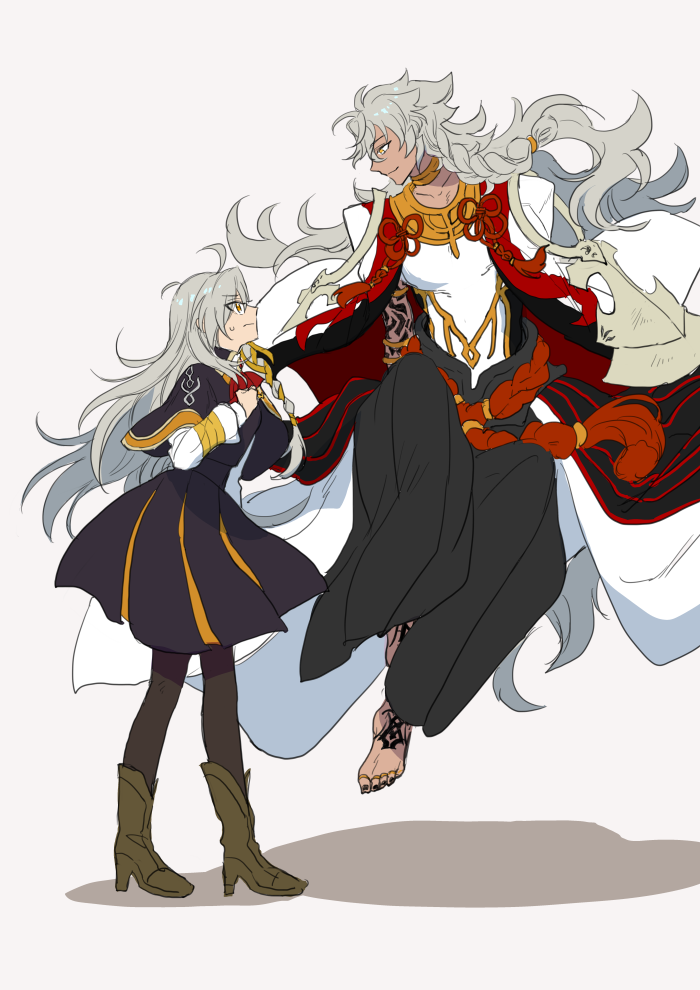 1boy 1girl ahoge barefoot boots braid collarbone dark-skinned_male dark_skin eyebrows_visible_through_hair fate/grand_order fate_(series) floating flower_knot full-body_tattoo full_body grey_hair hair_rings high_heel_boots high_heels jewelry kukura long_hair long_sleeves looking_at_another looking_down looking_up lord_el-melloi_ii_case_files nail_polish neck_ring olga_marie_animusphere orange_eyes pantyhose red_neckwear side_braid simple_background smile solomon_(fate) standing sweat tattoo toe_ring toenail_polish toenails very_long_hair white_background yellow_eyes younger