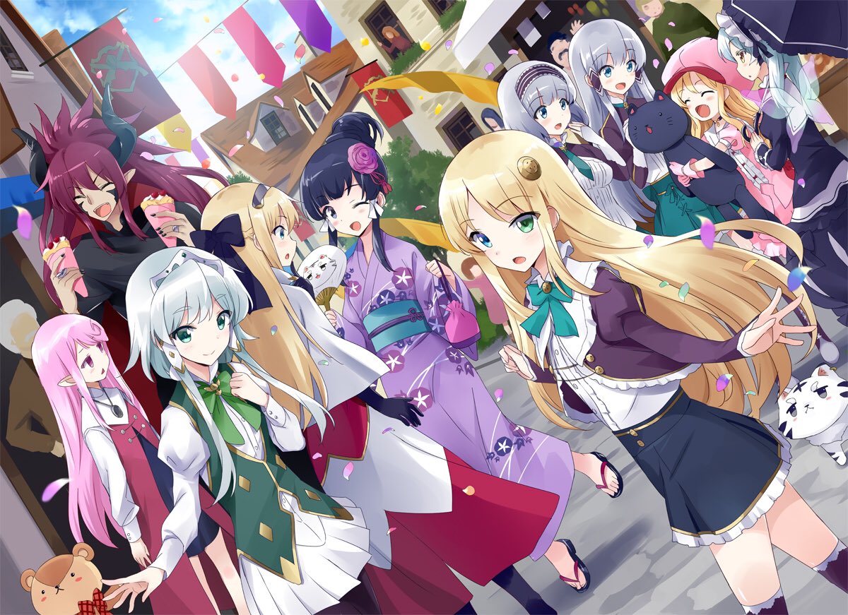 black_hair blonde_hair blue_eyes blush closed_eyes dress else_shileska elze_silhoueska festival green_eyes hair_ornament harem hat hildegard_minas_restia isekai_wa_smartphone_to_tomo_ni. japanese_clothes kimono kohaku_(isekai_wa_smartphone_to_tomo_ni.) kokonoe_yae leen_(isekai_wa_smartphone_to_tomo_ni.) linse_shileska long_hair looking_at_viewer lucia_rea_regulus multiple_girls open_mouth paula_(isekai_wa_smartphone_to_tomo_ni.) pink_eyes pink_hair ribbon short_hair silver_hair skirt smile soucie_elnea_ortlinde twintails usatsuka_eiji yukata yumina_elnea_belfast