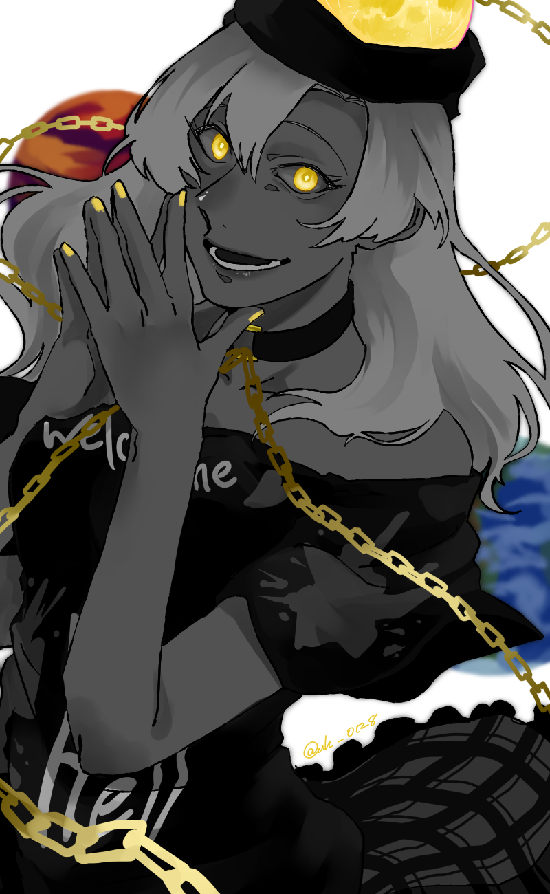 1girl artist_name bangs bare_shoulders black_choker black_headwear black_neckwear black_shirt black_skirt black_sleeves breasts chain choker clothes_writing colored_skin earth_(ornament) eyebrows_visible_through_hair gold_chain grey_skin grey_skirt hair_between_eyes hands_up hecatia_lapislazuli hecatia_lapislazuli_(moon) highres looking_at_viewer medium_breasts medium_hair moon_(ornament) off_shoulder open_mouth plaid plaid_skirt polos_crown raya_(uk_0128) shirt short_sleeves silver_hair simple_background skirt smile solo t-shirt teeth tongue touhou white_background yellow_eyes yellow_nails