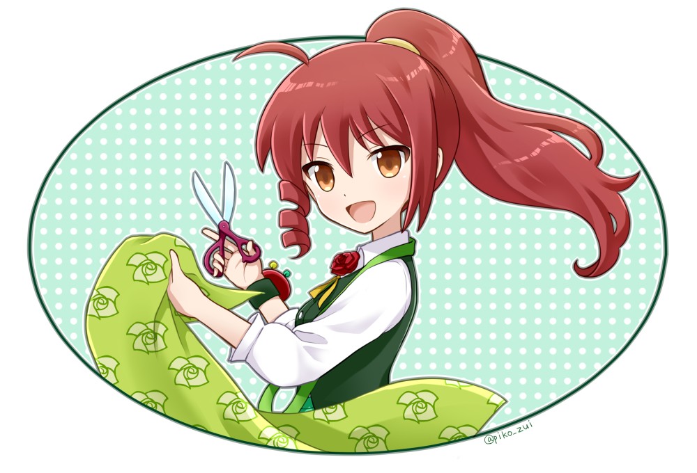1girl ahoge blush brown_eyes eyebrows_visible_through_hair holding holding_scissors long_hair looking_at_viewer needo_(puyopuyo) open_mouth ponytail puyopuyo_quest redhead ringlets scissors smile solo takazaki_piko twitter_username upper_body