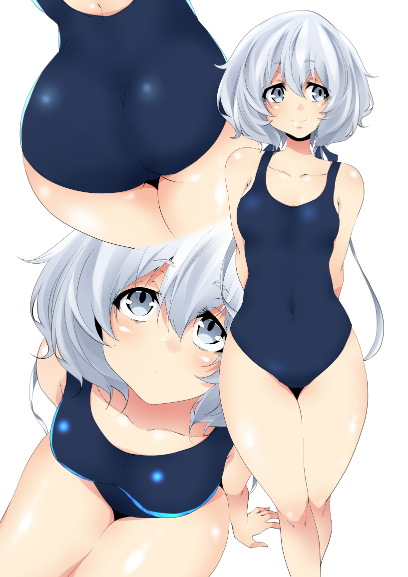 1girl alternate_costume ass bangs blue_swimsuit crossed_legs eyebrows_visible_through_hair from_behind grey_eyes hair_ribbon konno_junko looking_away looking_up low_twintails ma-yu medium_hair multiple_views new_school_swimsuit one-piece_swimsuit ribbon school_swimsuit simple_background solo standing swimsuit tied_hair twintails white_background white_hair zombie_land_saga