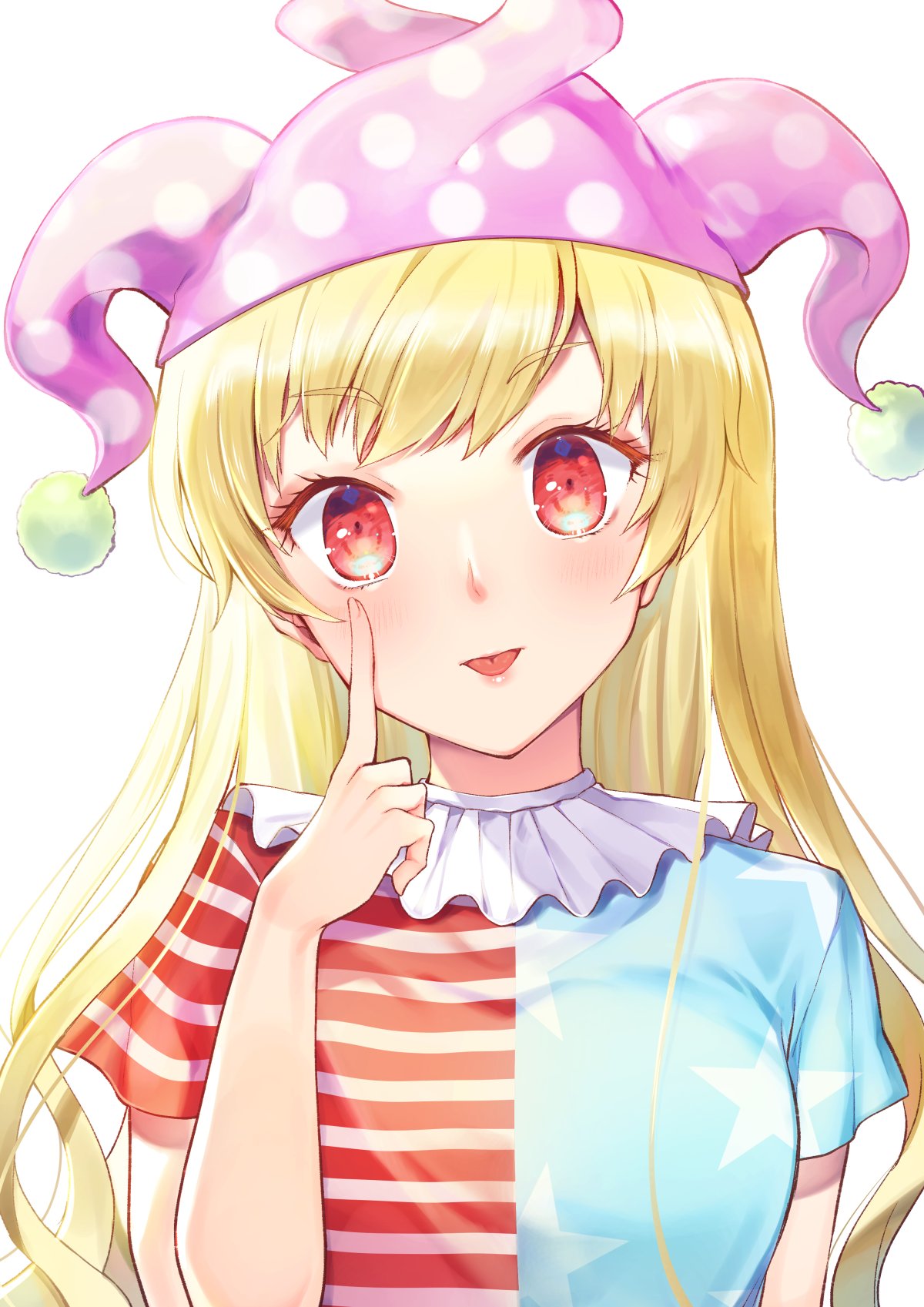 1girl american_flag_shirt bangs blonde_hair blue_shirt blush breasts closed_mouth clownpiece eyebrows_visible_through_hair hand_on_own_face hand_up hat highres jester_cap kaede_(mmkeyy) long_hair looking_at_viewer medium_breasts multicolored multicolored_clothes multicolored_shirt polka_dot purple_headwear red_eyes red_shirt shirt short_sleeves simple_background solo star_(symbol) star_print striped striped_shirt tongue tongue_out touhou upper_body white_background white_shirt