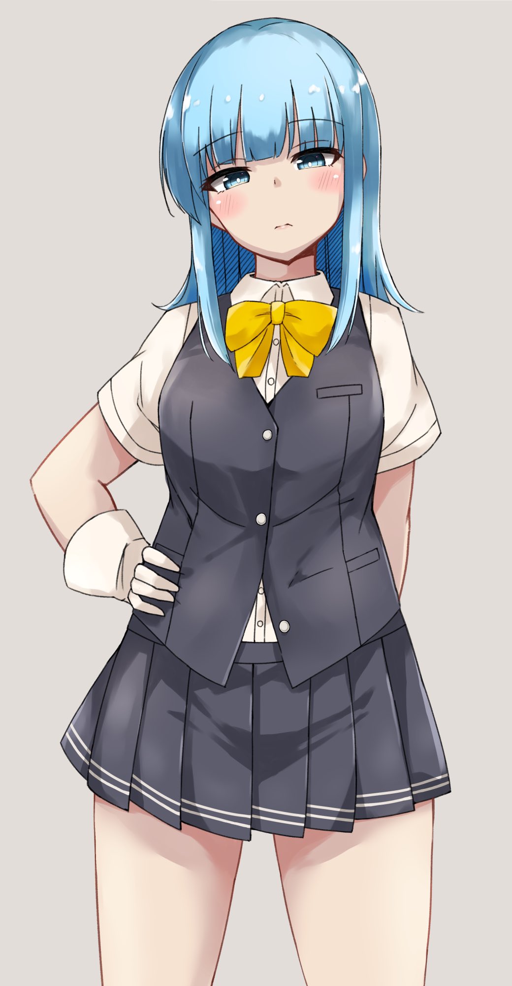 1girl ascot black_skirt black_vest blouse blue_eyes blue_hair blush closed_mouth commentary eyebrows_visible_through_hair grey_background hand_on_hip hatsukaze_(kancolle) highres hime_cut kantai_collection long_hair looking_at_viewer pleated_skirt simple_background skirt solo vest wasumi_kei white_blouse yellow_neckwear