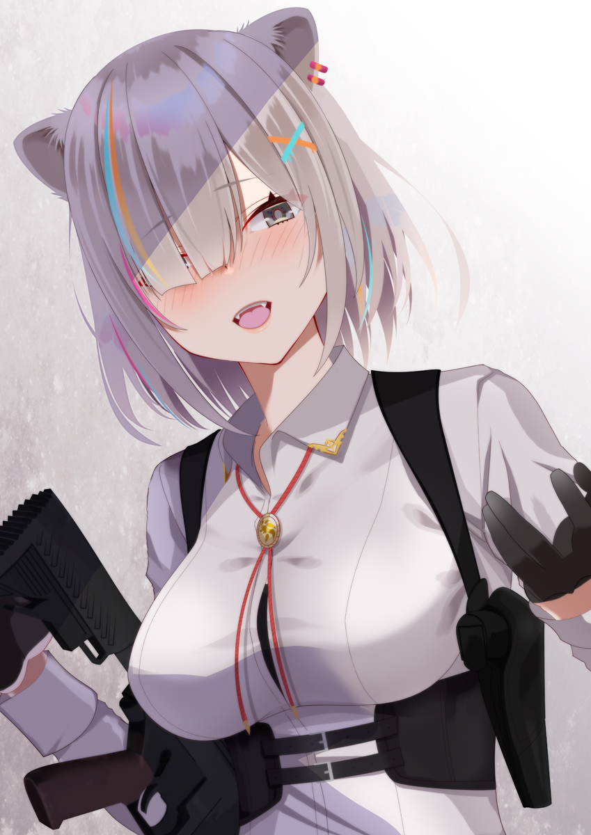 1girl animal_ears black_gloves blush breasts collared_shirt ear_piercing eyebrows_visible_through_hair fangs gloves grey_eyes grey_hair gun hair_over_one_eye highres hololive kiko_(okuwae) large_breasts lion_ears lion_girl long_sleeves looking_at_viewer multicolored_hair official_alternate_costume open_mouth piercing shirt shishiro_botan short_hair smile solo streaked_hair virtual_youtuber weapon white_shirt