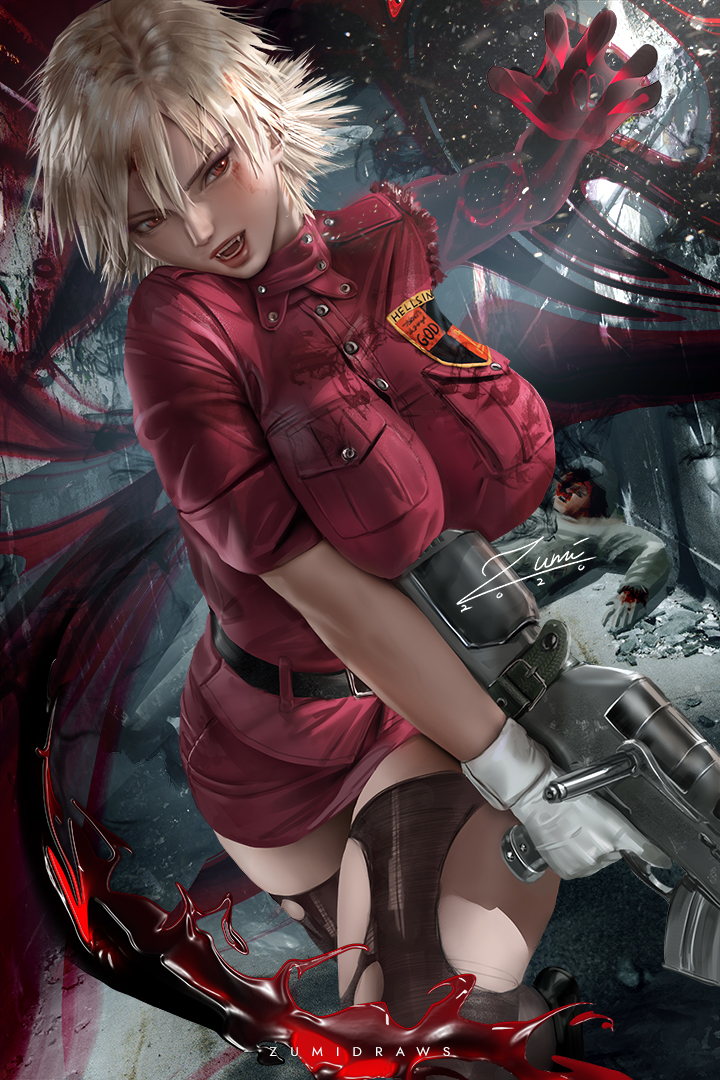 1girl bangs banned_artist belt black_belt black_legwear blonde_hair breasts fang gloves gun hair_between_eyes hellsing holding holding_gun holding_weapon jacket large_breasts looking_at_viewer miniskirt open_mouth red_eyes red_jacket red_skirt seras_victoria short_hair short_sleeves single_glove skirt solo thigh-highs torn_clothes torn_legwear torn_sleeves weapon white_gloves zumi_(zumidraws)