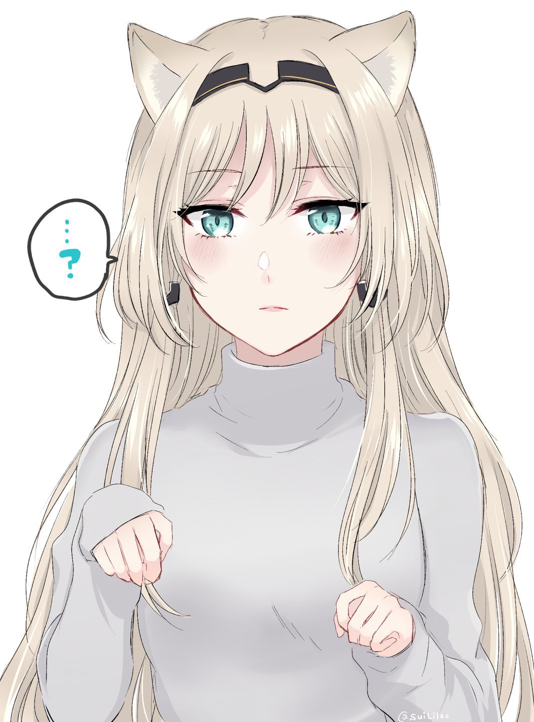 ...? 1girl an-94_(girls'_frontline) animal_ears aqua_eyes bangs black_hairband blonde_hair blush cat_ears closed_mouth eyebrows_visible_through_hair girls_frontline grey_shirt hairband highres lips long_hair looking_at_viewer paw_pose shirt solo sui_(camellia) turtleneck upper_body white_background