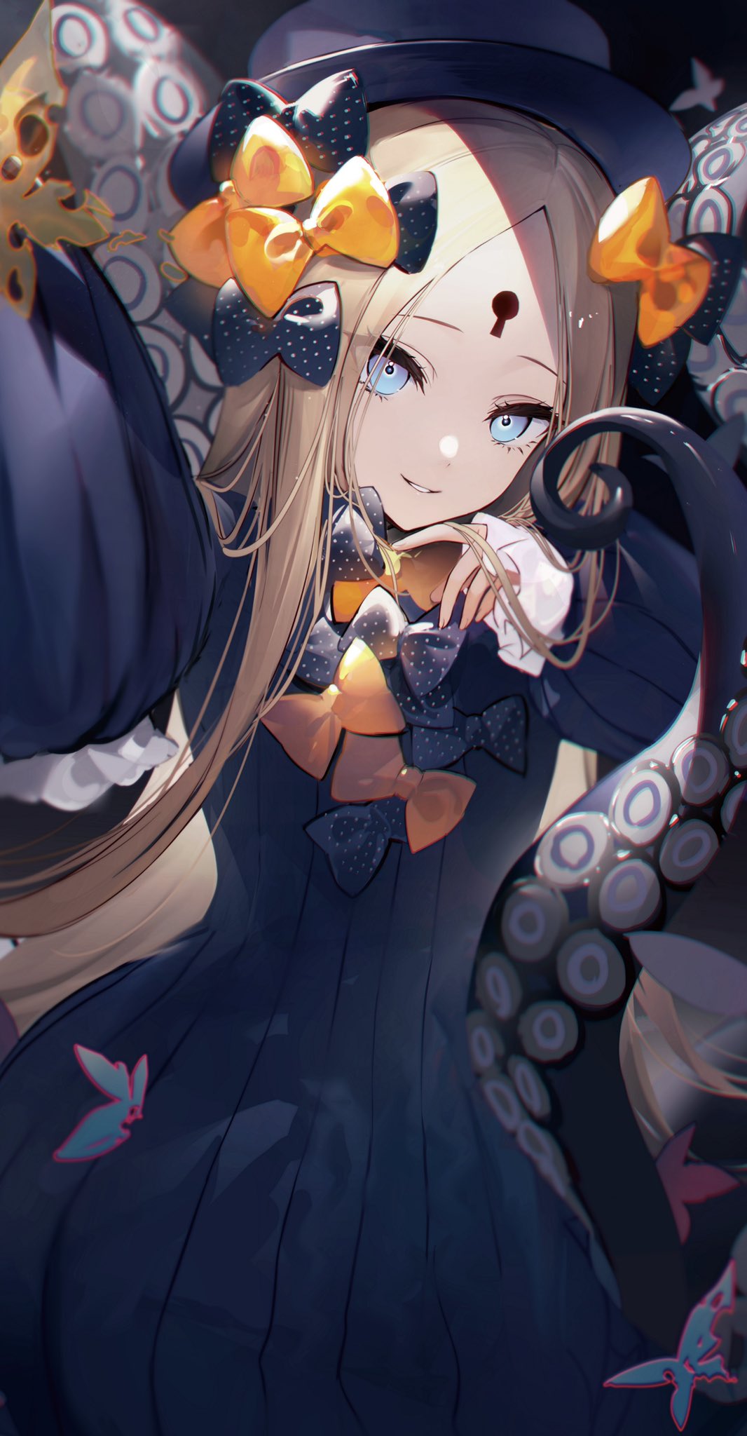 1girl abigail_williams_(fate) bangs black_bow black_dress black_headwear blonde_hair blue_butterfly blue_eyes bow bug butterfly commentary dress english_commentary fate/grand_order fate_(series) hair_bow hand_up hat highres hoojiro keyhole long_hair long_sleeves looking_at_viewer orange_bow outstretched_arm parted_bangs parted_lips polka_dot polka_dot_bow reaching_out selfie sleeves_past_wrists smile solo top_hat