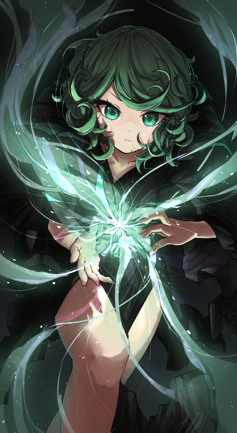 1girl arms_up black_dress closed_mouth curly_hair dress expressionless flipped_hair floating glowing green_eyes green_hair highres levitation light nmm one-punch_man short_hair side_slit solo tatsumaki telekinesis