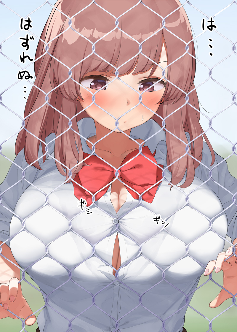 1girl blush bow bowtie breast_press breasts brown_eyes brown_hair button_gap buttons commentary_request fence kaisen_chuui large_breasts original red_neckwear school_uniform shirt short_hair solo white_shirt